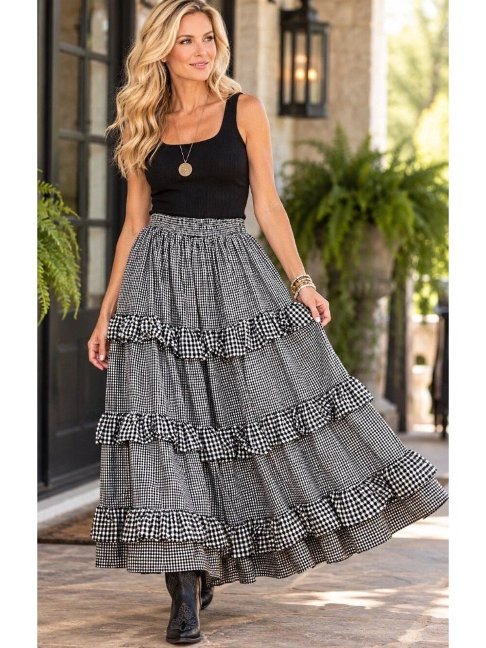 Vintage 90s Lori Lundon Gingham Prairie Maxi Skirt Ruffle Cottagecore SZ Large